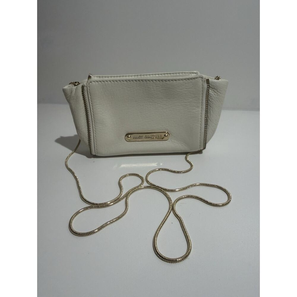 Juicy Couture White Cowhide Leather Mini Crossbody Bag Gold Chain Pink Crown